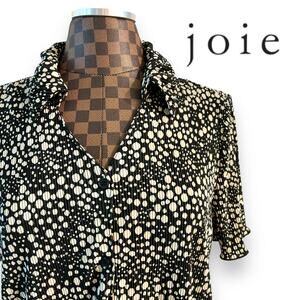 Joie Crepe Short Sleeve Blouse Sz M Black White Dots Abstract OpArt Button Up
